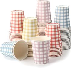 many different colored paper cups stacked on top of each other