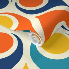 an abstract wallpaper design with circles and dots in orange, blue, yellow, and white