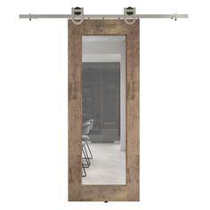 an open sliding door with a mirror in the middle and two chairs on either side