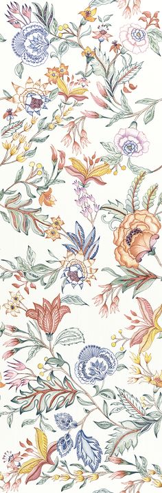 an artistic floral pattern with many different colors and designs on white fabric, as well as flowers