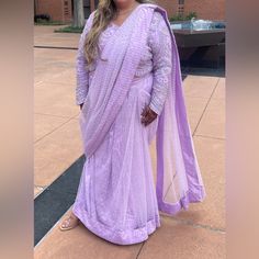 This Is A Custom Pearl Lengha Sari. It’s Already Pre Stitched So You Wear The Skirt And Wrap The Saree. Blouse Has Beautiful Handwork. Light Purple Saree, Purple Pink Sarees With Sequins Pearls And Cut, Semi-stitched Lavender Saree, Purple Embellished Georgette Pre-draped Saree, Luxury Purple Sequined Pre-draped Saree, Lengha Saree, Lengha Sari, Saree, Purple