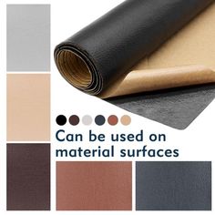 a roll of black leather with different colors and patterns on it, including the words can be used on material surfaces