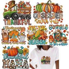 a woman standing in front of a white background with thanksgiving stickers on her face