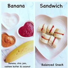 bananas, peanut butter and jam are arranged in heart shaped bowls on a white plate