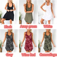 Casual Fashion Ladies Dress Sleeveless Pure Color Sling U-neck Dress Home Clothes Camouflage Dress Casual Sleeveless Khaki Dress, Casual Khaki Sleeveless Dress, Casual Camouflage Dresses, Casual Camouflage Dresses For Spring, Casual Camouflage Dress For Spring, Khaki Mini Dress For Summer, Khaki Mini Length Summer Dress, Khaki Mini Summer Dresses, Summer Khaki Mini Dresses