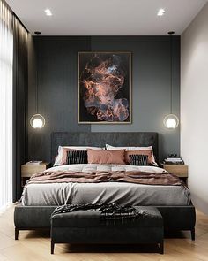 a bedroom with a large bed in the middle and a painting on the wall above it