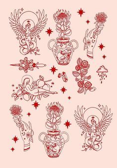 an image of tattoos drawn in red ink on pink paper, with stars and flowers