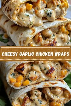 chicken wraps stuffed with cheese and vegetables are stacked on top of each other, ready to be eaten