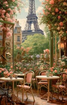 a painting of the eiffel tower in paris with tables and chairs set outside