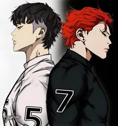 two anime characters with red hair and black clothes