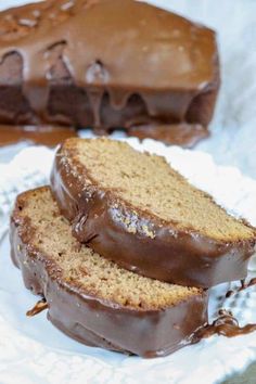 two slices of chocolate peanut butter banana bread on a plate with one slice cut out