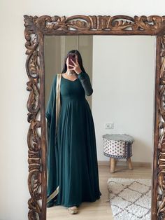 Materials Anarkali, Fabric Be classy be ethnic Fabric : ⏭️ Bemberg georget gown with 4.25 meter flair 😍😍 *Length 57+* *Full stich 42 size * ⏭️ Bemberg georget duppata with heavy border work Dark Green Gown Indian, Long Georgette Frocks, Dark Green Frock Design, Indian Frock Suit, Dark Green Anarkali Dress, Frock Suit Anarkali Party Wear, Georgette Frock Suit, Dark Green Dress Outfit, Green Georgette Dress