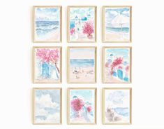 six watercolor paintings hanging on the wall in front of a white wall with blue and pink flowers