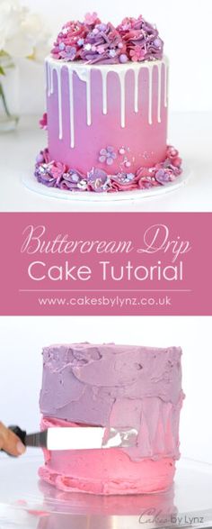 A Two-Tone Buttercream Drip Cake Tutorial Pink And Purple Drip Cake, February Birthday Cake, Buttercream Cake Designs Birthday, Pink And Purple Birthday Cake, Purple Drip Cake, Ombre Cake Decorating, Pink Purple Cake