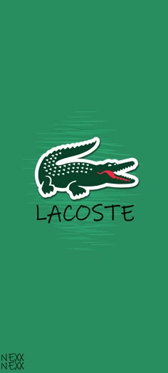 a green background with an image of a crocodile's head and the word lacoste