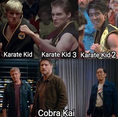 two different scenes from the movie karate kid and cobra kai