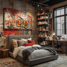 an industrial bedroom with brick walls and graffiti on the wall, bedding is made up