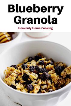 blueberry granola in a white bowl with the words easy and healthy