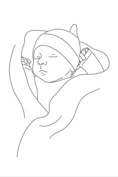 a black and white drawing of a woman with a towel on her head, sleeping