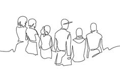 a line drawing of people looking at something in the distance, with one person standing behind them