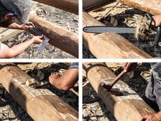 four pictures show the process of cutting wood