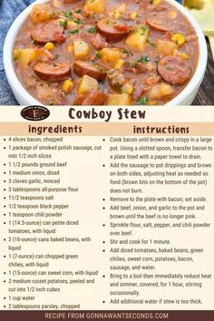 the recipe for cowboy stew is shown in this poster, with instructions to make it