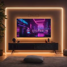 a large flat screen tv mounted to the side of a wall in a living room