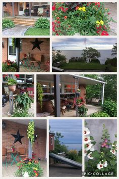 many different pictures of flowers and plants in front of a house