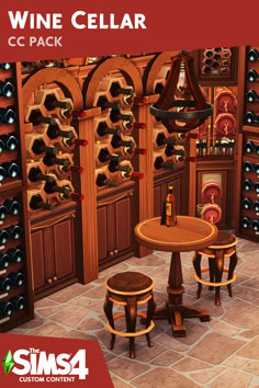 a wine cellar with three tables and two stools