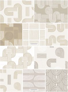 four different types of wallpapers in beige and white colors, each with an abstract design