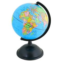 a blue and yellow globe on a black stand against a white background with the map of the world visible