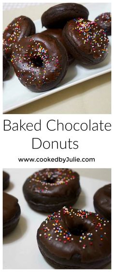 baked chocolate donuts with sprinkles on a white plate and in the background