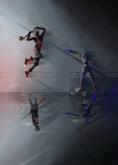 three people are dancing in the dark with their feet up and arms out, while one person is on skis