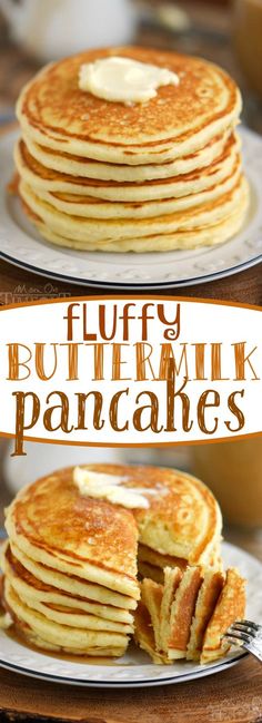 fluffy buttermilk pancakes are stacked on plates