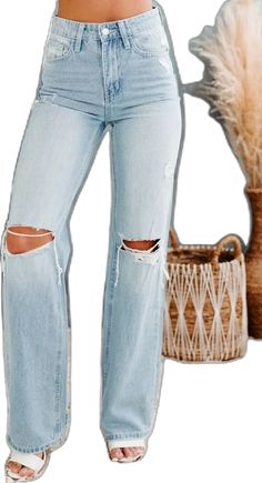 Distressed High Waist Light Wash Flare Jeans, Chic Flare Jeans In Light Wash, Chic High Waist Medium Wash Flare Jeans, Trendy Light Wash Wide Leg Flare Jeans, Casual Cotton Flares With Frayed Hem, Chic High Rise Medium Wash Flares, Trendy High Rise Cotton Flares, Trendy High Rise Denim Blue Flares, Trendy Wide Leg Flare Jeans For Fall