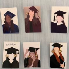 four pictures of people in graduation caps and gowns with tassels on them