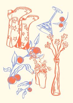 an orange and blue drawing of flowers in vases