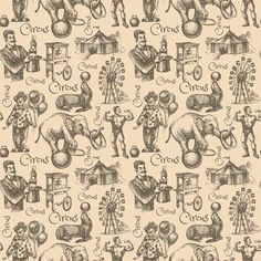 an old drawing of people and animals on a beige wallpaper with the words circus