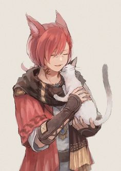 a person holding a cat in their arms with an anime character on the other side