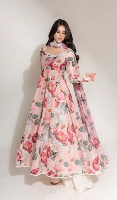 Floral Lehenga Aesthetic, Organza Kameez Designs, Long Silk Frock Designs, Silk Anarkali Suits Simple, Floral Gowns Long Casual, Organza Frocks Long, Organza Floral Long Frocks, Organza Frock Design, Silk Frock Design