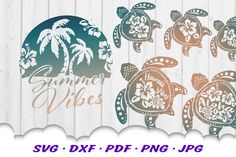 two sea turtles with palm trees and the words summer vibes on them are cut out from