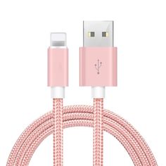 the pink usb cable is connected to an iphone charger