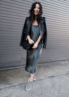 Silk Slip Dress, Silk Slip, Dress Outfit, Moto Jacket, Vans Classic Slip On Sneaker, Stitch Fix