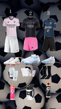 soccer uniforms and shoes are displayed in front of a background full of balls, water bottles, and sports equipment