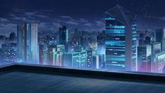 an animated cityscape with skyscrapers and neon lights in the night time sky