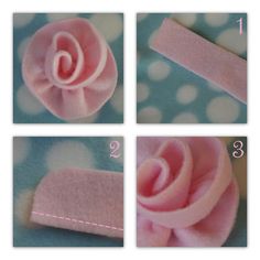 four pictures showing how to make a felt rose