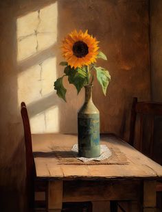 a painting of a sunflower in a vase on a table with a wooden chair