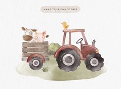 a watercolor painting of farm animals driving a tractor