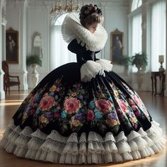 Beautiful woman in an elaborate gown. #woman #gown #ballgown #ruffles #lace #modest #standupcollar #historical #historicalfashion #historicalgown #historicaldress #historicalcostume #crinoline #crinolinedress #fashion #feminine #beautiful #beauty #ai Woman Gown, Crinoline Dress, Historical Gowns, Fashion Feminine, Historical Costume, Historical Dresses, Marie Antoinette, Historical Fashion, Beautiful Woman