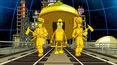 two cartoon characters are standing in front of a large yellow object that looks like a nuclear ship